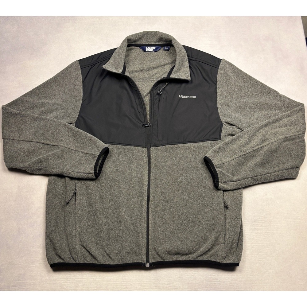 Lands' End Mens‎ Full Zip Fleece Jacket Grey Black Colorblock Size L 42-44